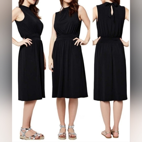 Leota Aria Midi Dress in Black, Drop Ruched Waist, Stretchy Jersey Knit, EUC! - Picture 1 of 12